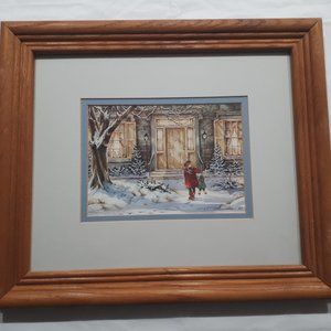 Trisha Romance Girl in Front of "Harrop Homestead" Art Print in Wood Frame